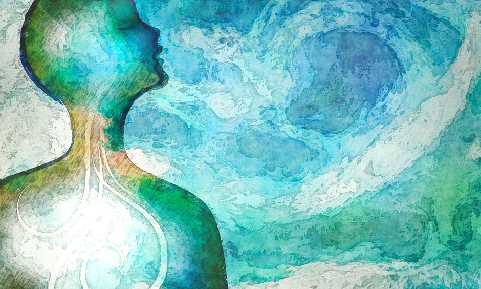 Kunstbild mit Mensch und Atem in Blautönen
