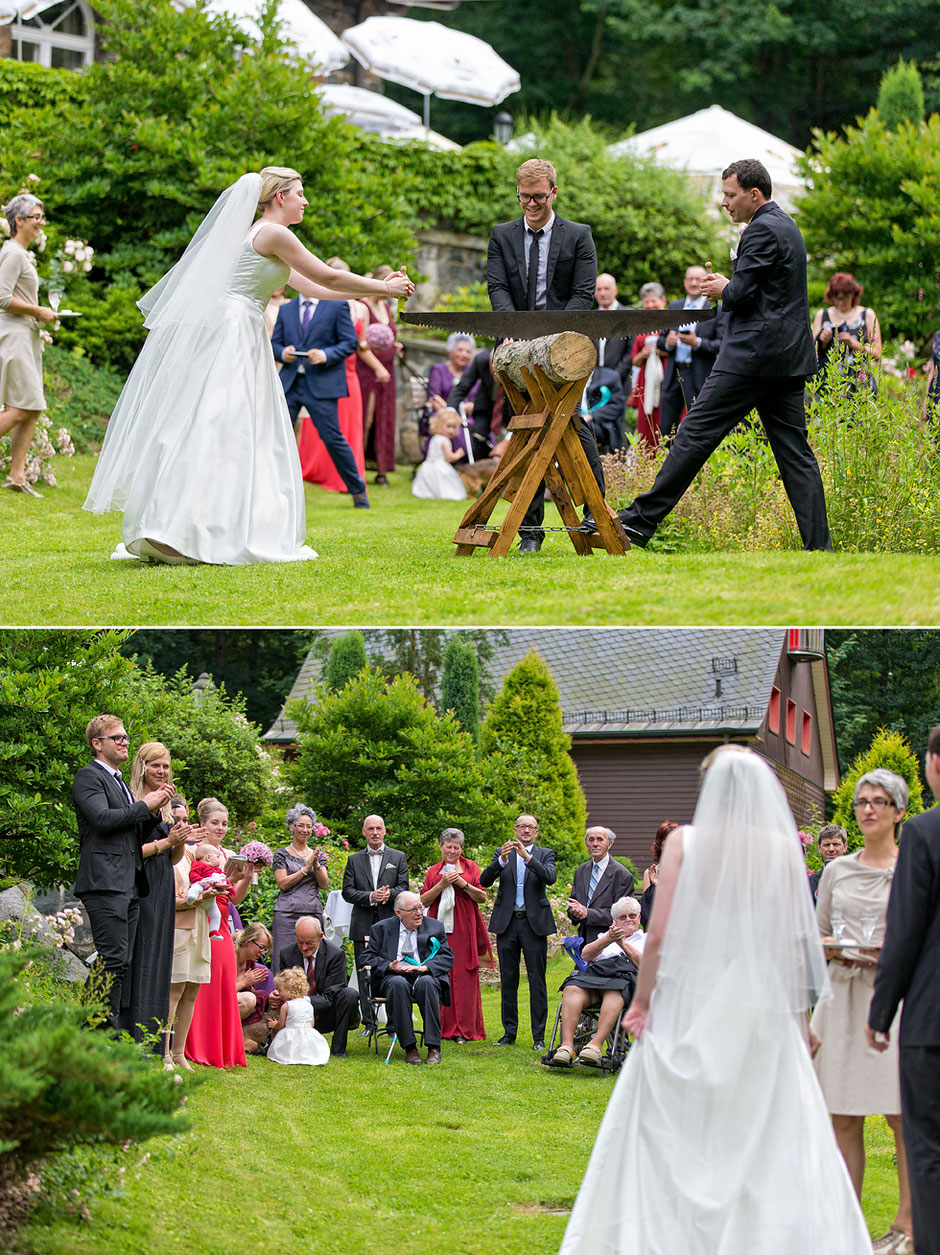 baumstammsägen, waldidyll hartenstein hochzeit