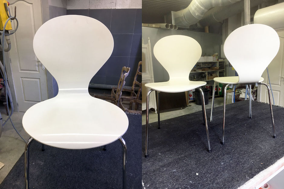 Rénovation de chaises en bois, peinture, vernis et céruses.