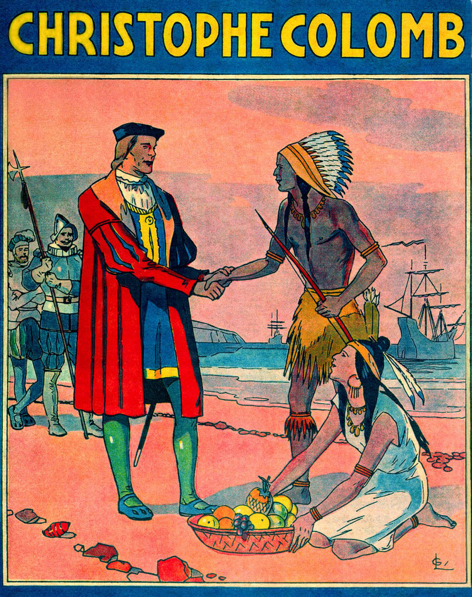 No preventative measures, no social distancing, with the conquistadors in this very paternalistic and idealized handshake from an image in a 1940s school book (D. R.).