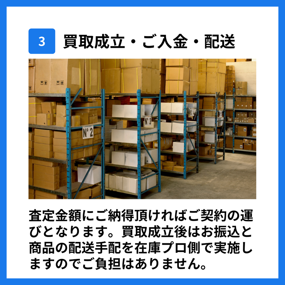 買取までの流れ 3 買取成立 ご入金 配送 査定金額に納得後に契約成立 入金と商品の配送手配を在庫買取プロ側で実施
