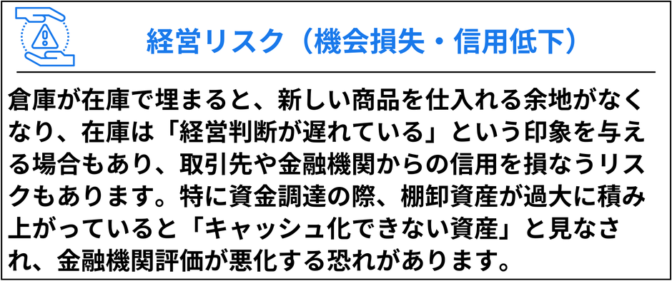 経営リスク 機会損失と信用低下 倉庫在庫が経営判断の遅れと見なされ資金調達に悪影響 棚卸資産がキャッシュ化できない資産となり金融機関評価が悪化する恐れ