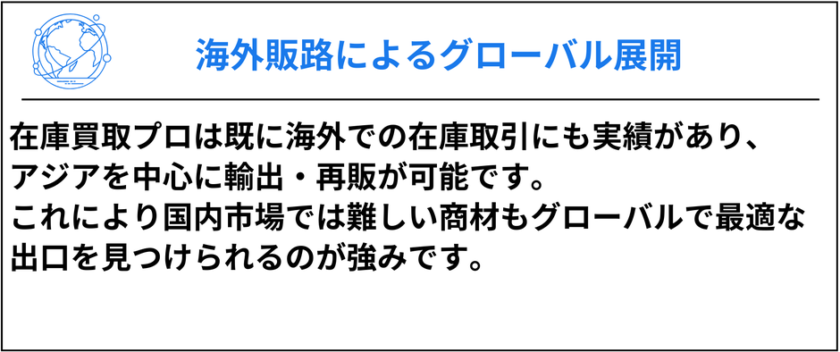 海外販路によるグローバル展開 在庫買取プロは海外での在庫取引実績があり アジアを中心に輸出再販が可能 国内市場で難しい商材も最適な海外販路で再流通