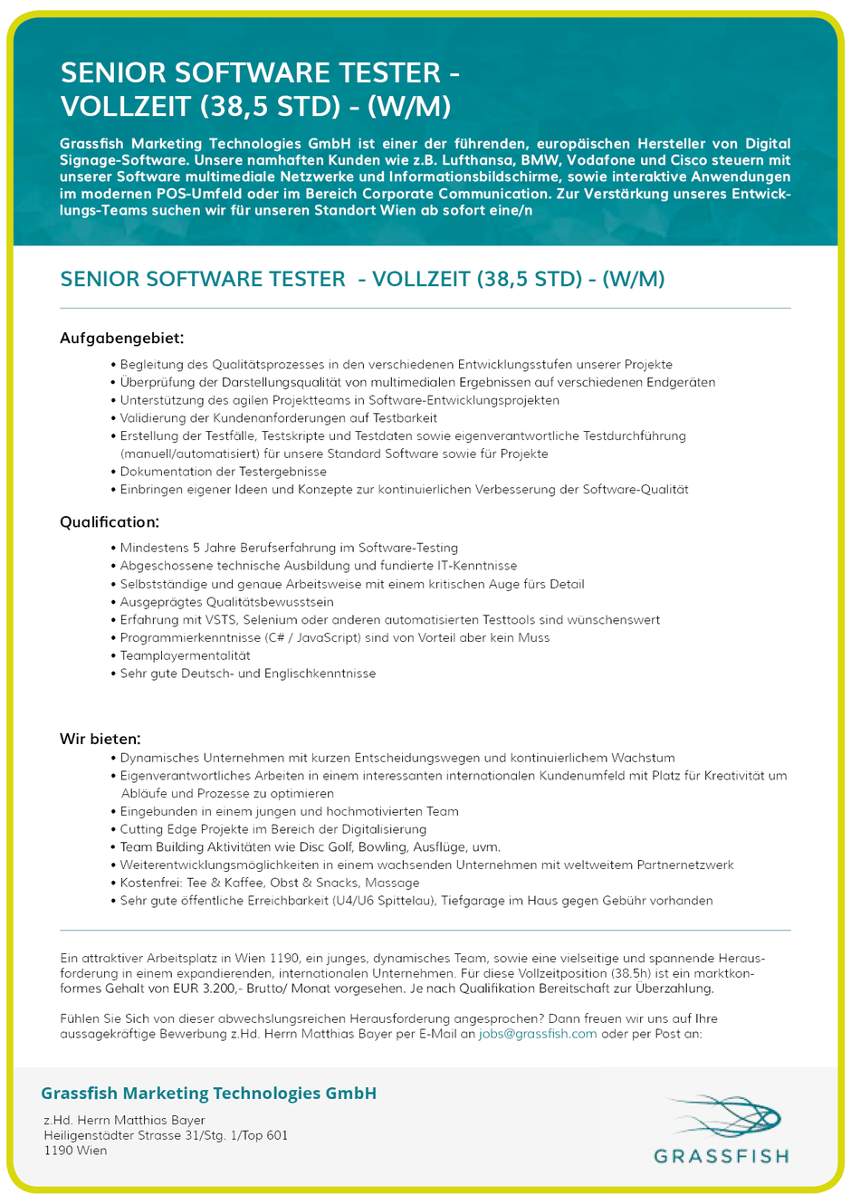 Software Developer Jobs - Senior Software Tester - Grassfish Marketing Technologies - Wien