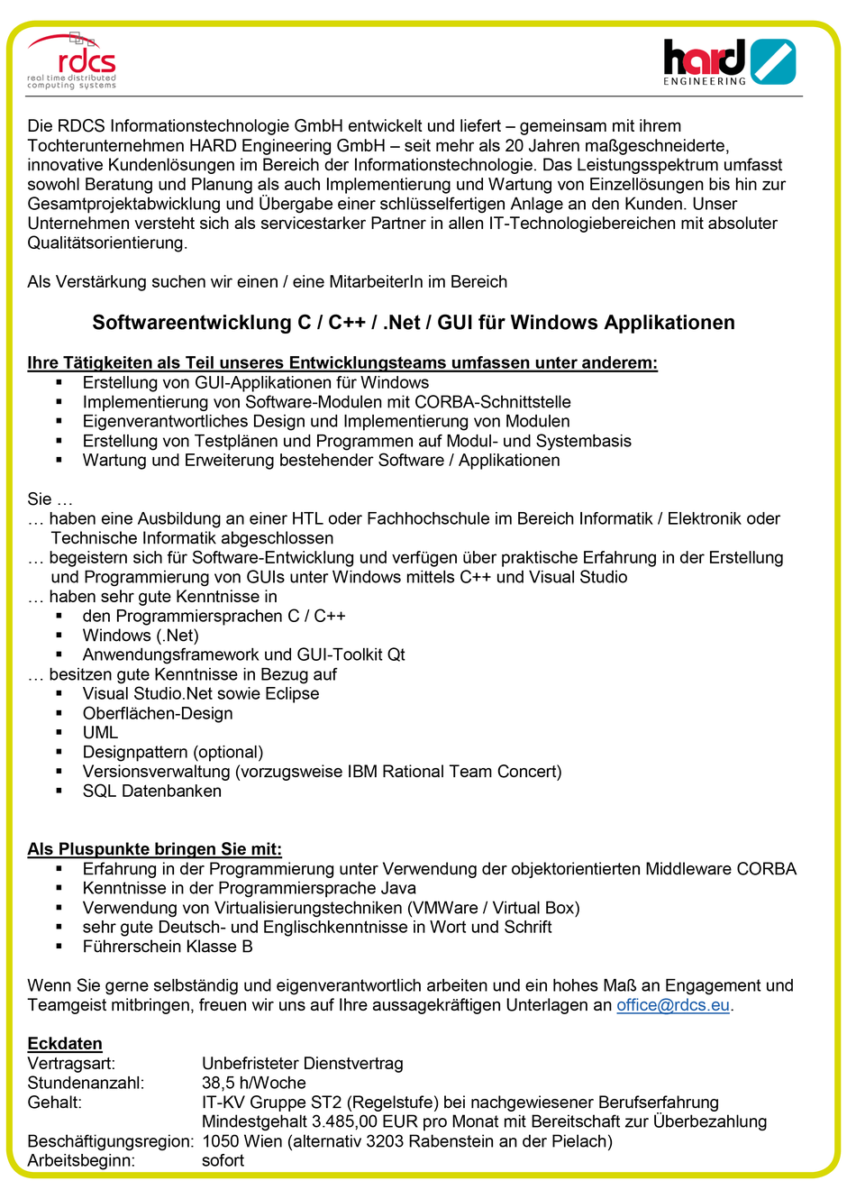 Software Developer Jobs - Softwareentwickler C/C#/.NET - RDCS - Wien - 1