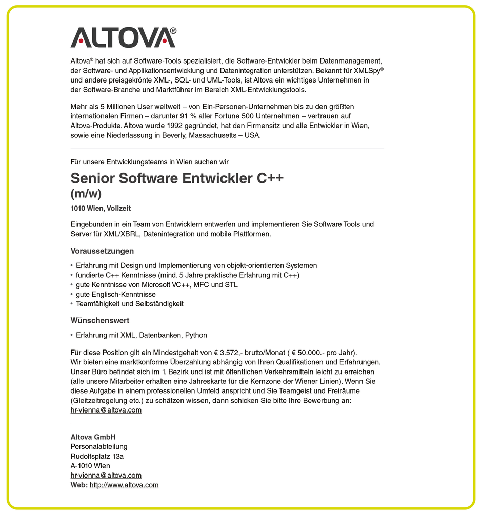 Software Developer Jobs - Senior Software Entwickler C++ - Altova GmbH - Wien - 1