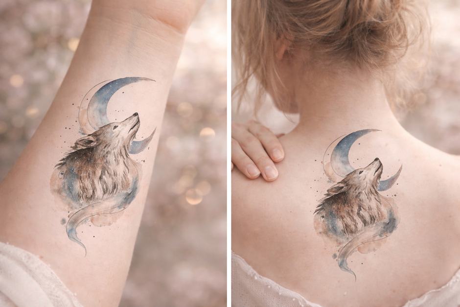 Tattoo, Tattoo Vorlage, poetische Kunst, Körperkunst, Illustration, Wolf, Aquarell, Tätowierung, Hautbild, sinnliche Illustration, Krafttier Wolf, Mond, Kunstwerk, individuelles Tattoo Motiv