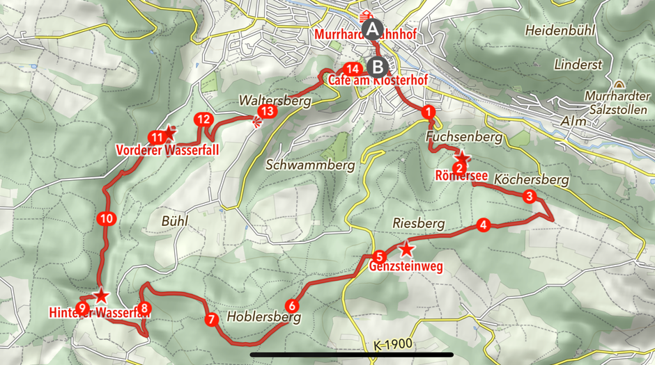 von allen 20 Wanderern gelaufende Runde; Kartenausschnitt: © MapOut © OpenStreetMap contributors