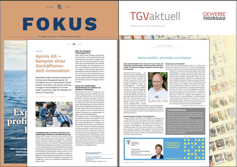 Die apova AG in den Medien: FOKUS & TGVaktuell © Bellone Franchise Consulting GmbH