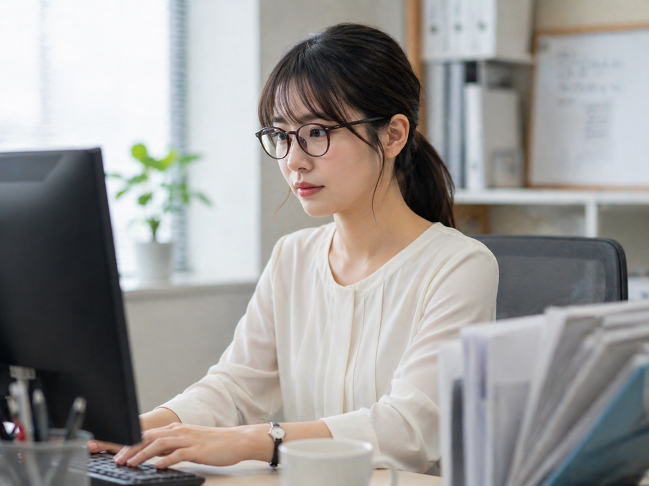 メガネをかけた30代OLがデスクワークをしている写真