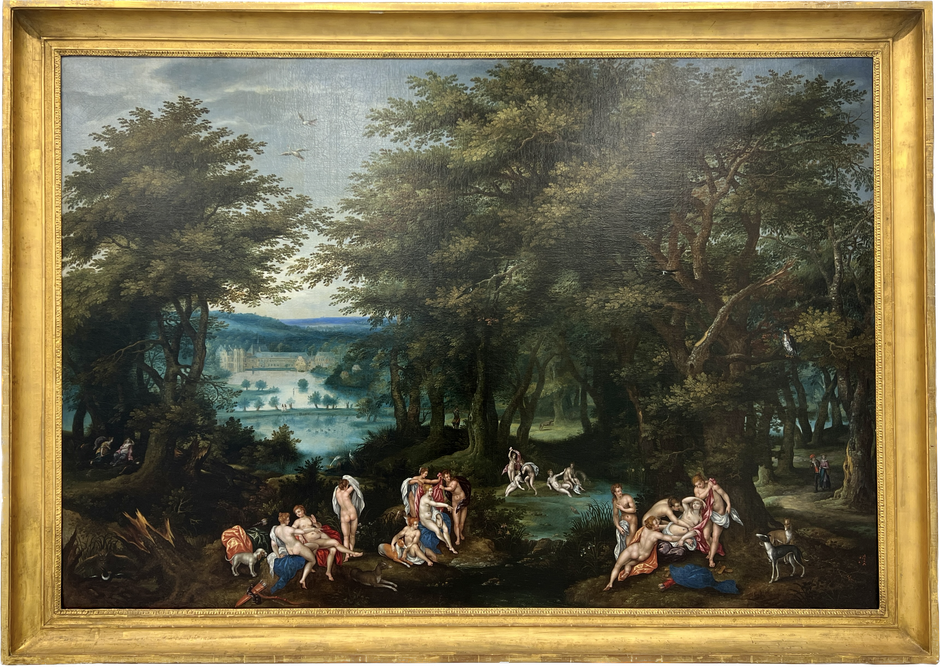 A Forest Landscape with Diana Discovering Callisto's Pregnancy. and a View of the Abbey of Groenendael, 1614 (Denis Van Alsloot)