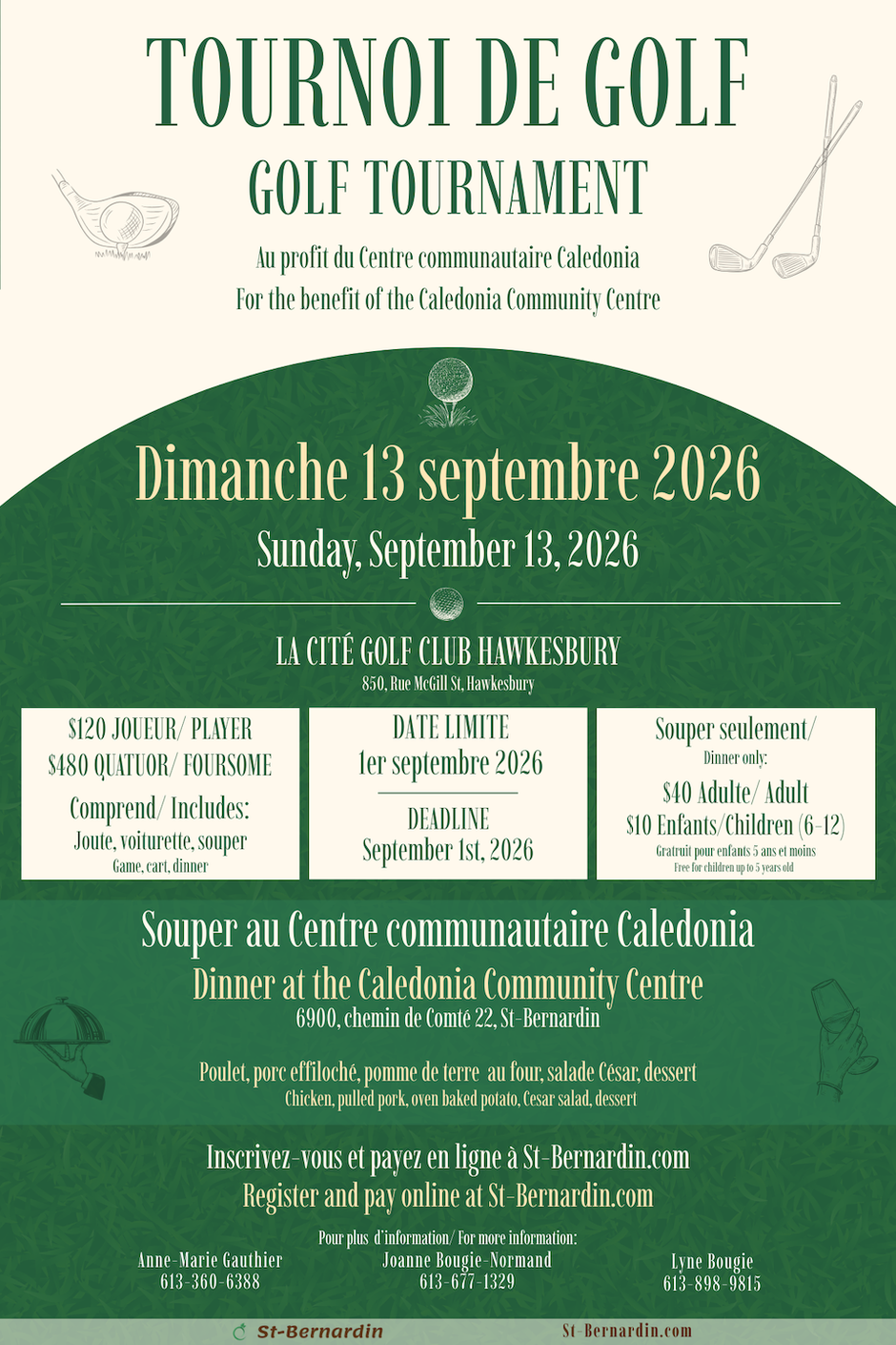 Affiche du tournoi de golf du 13 septembre 2026 au profit du Centre communautaire Caledonia de St-Bernardin.