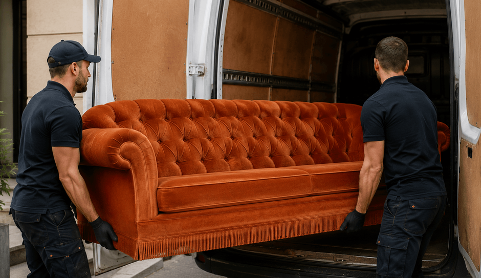 Zwei Möbelmonteure transportieren ein großes Sofa sicher in ein Transportfahrzeug in Wien. Professioneller Möbeltransport für Sofas, Küchen und sperrige Möbelstücke.