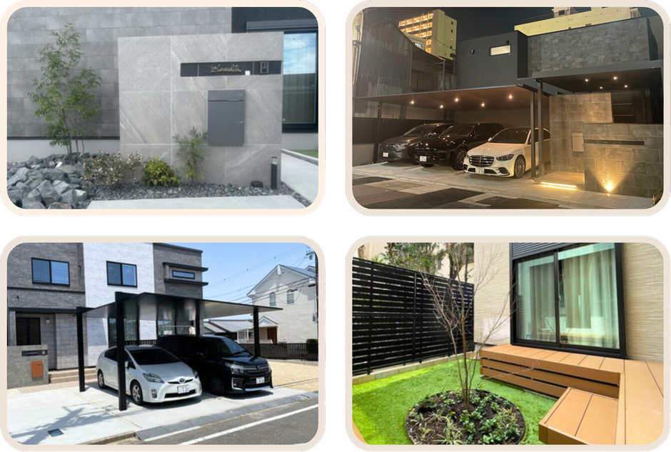 大阪府の新築外構ならMarvelous GARDEN。門まわり、駐車場、アプローチ、庭の施工例をまとめた写真で、施工品質やデザインの参考にご覧いただけます。