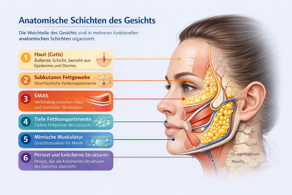 Anatomische Schichten des Gesichts mit Haut, Fettkompartimenten, SMAS und Knochenstruktur
