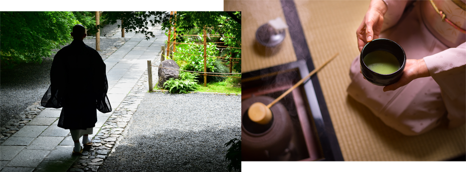 Japanese monk walking through a Zen garden and a tea ceremony master preparing a bowl of tea. 