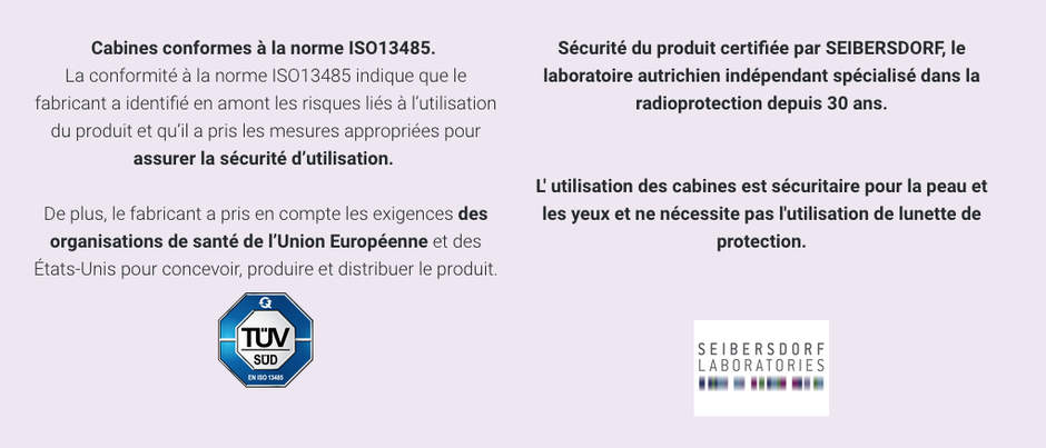 Certifications médicales et de sécurité : Laboratoire TUV et Laboratoire SEIBERSDORF