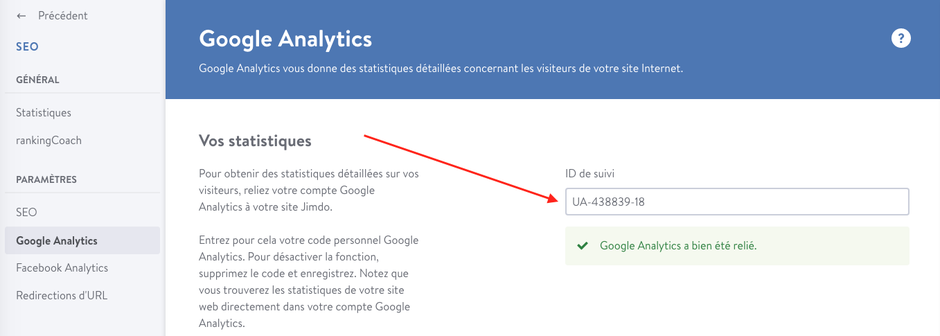 Le champ "Google Analyrtics" de Jimdo Creator n'accepte que les codes Universal Analytics (UA- xxxxx)