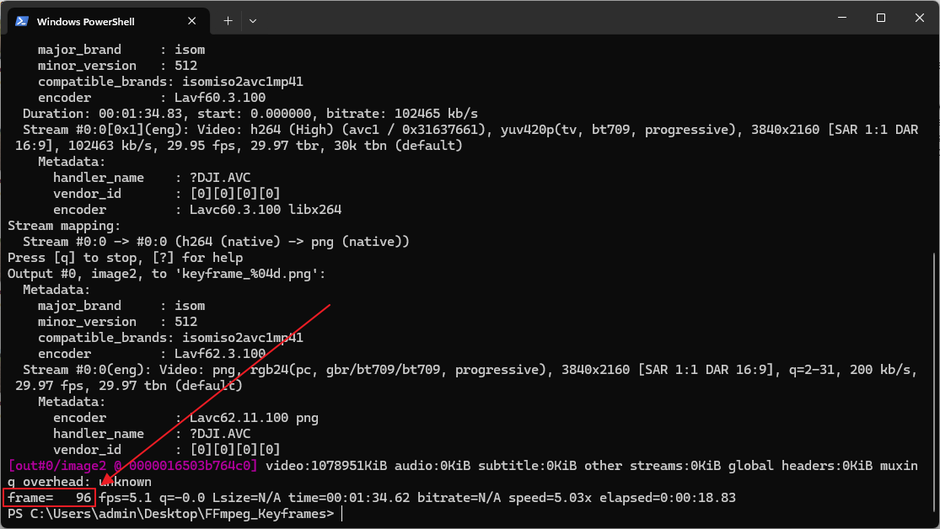 Aussehen der PowerShell nach Abschluss der Bearbeitung - es wurden 96 Keyframes gespeichert.