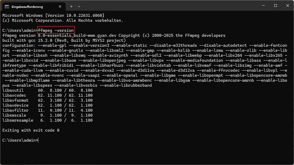 So sieht das Ergebnis der Abfrage aus, wenn die Installation geklappt hat.