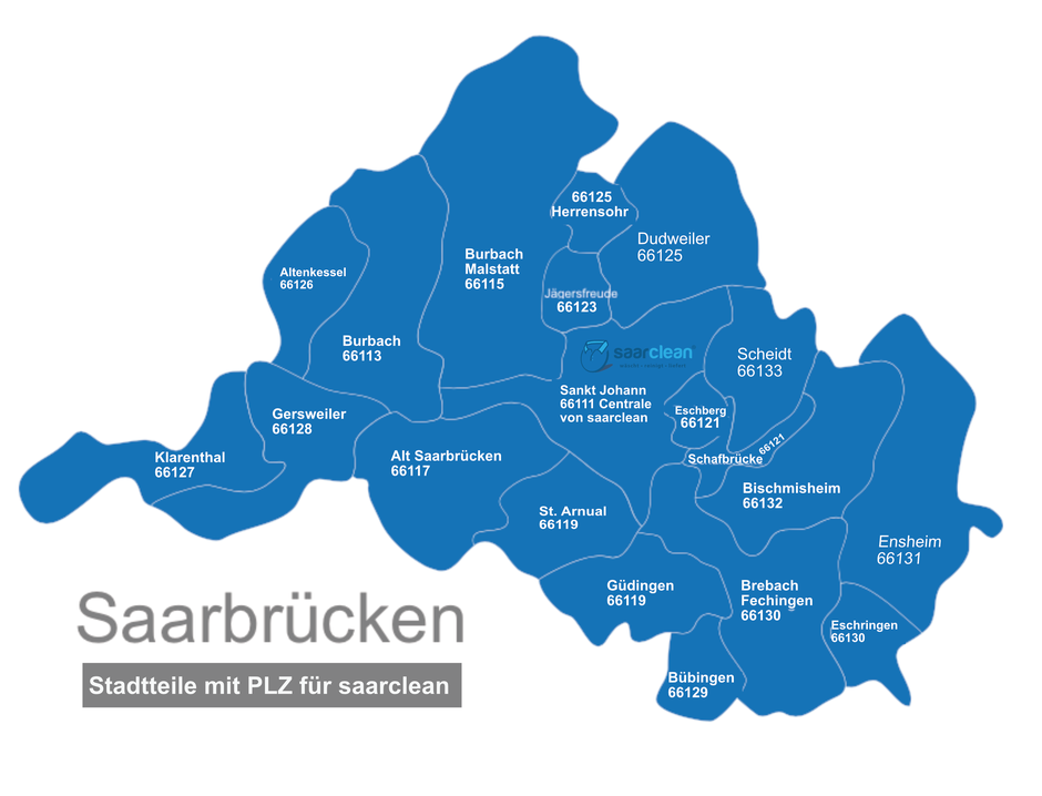 www.saarclean.de/lieferservice, Karte der Stadtteile Saarbrücken mit PLZ