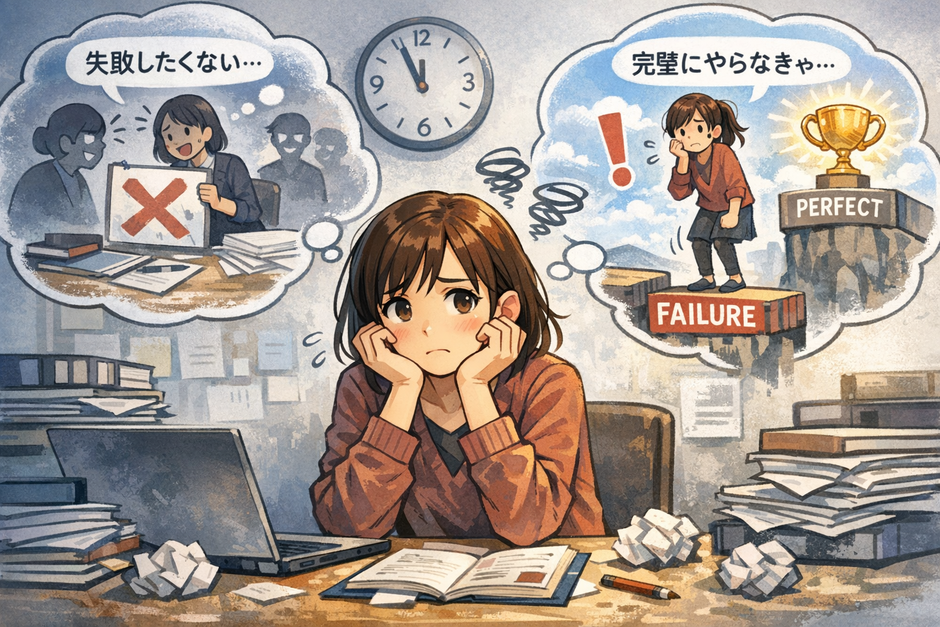 完璧主義と失敗恐怖で先延ばししてしまい動けない状態を表したイラスト