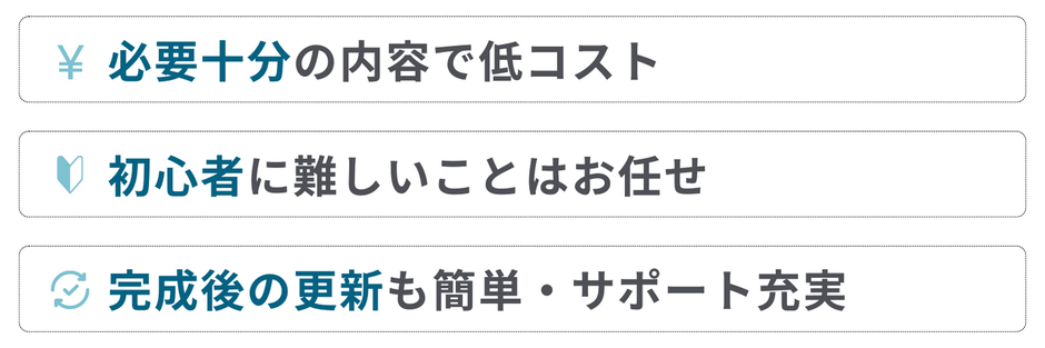 三つの特徴。「必要十分の内容で低コスト」「IT苦手で忙しくても大丈夫」「完成後の更新も簡単」