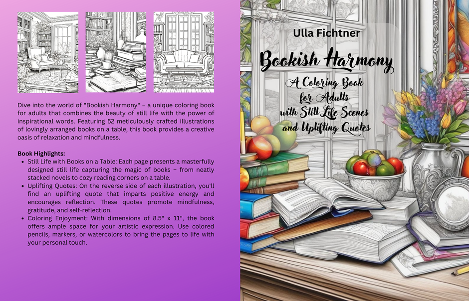 A Coloring Book for Adults with Still Life Scenes and Uplifting Quotes