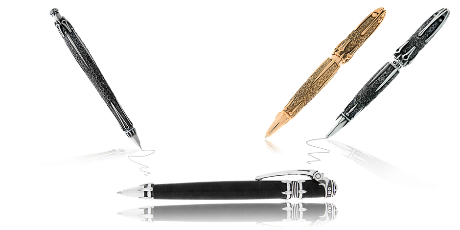 Auswahl an Kugelschreiber und Bleistifthalter in Silber oder Gold, handgefertigt von der Goldschmiede OBSESSION in Zürich.