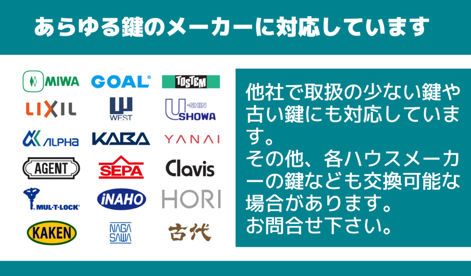 MIWA,GOAL,SHOWA,KABA,LIXILE,YANAI,AGENT,ALPHA,WEST,MUL-TILOCK,INAHO,Clavis,NAGASAWA,KAKEN,古代,
