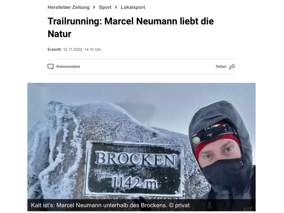 Marcel Neumann bei der Brocken Challenge direkt am Brocken; Zeitungsartikel in der Hersfelder Zeitung