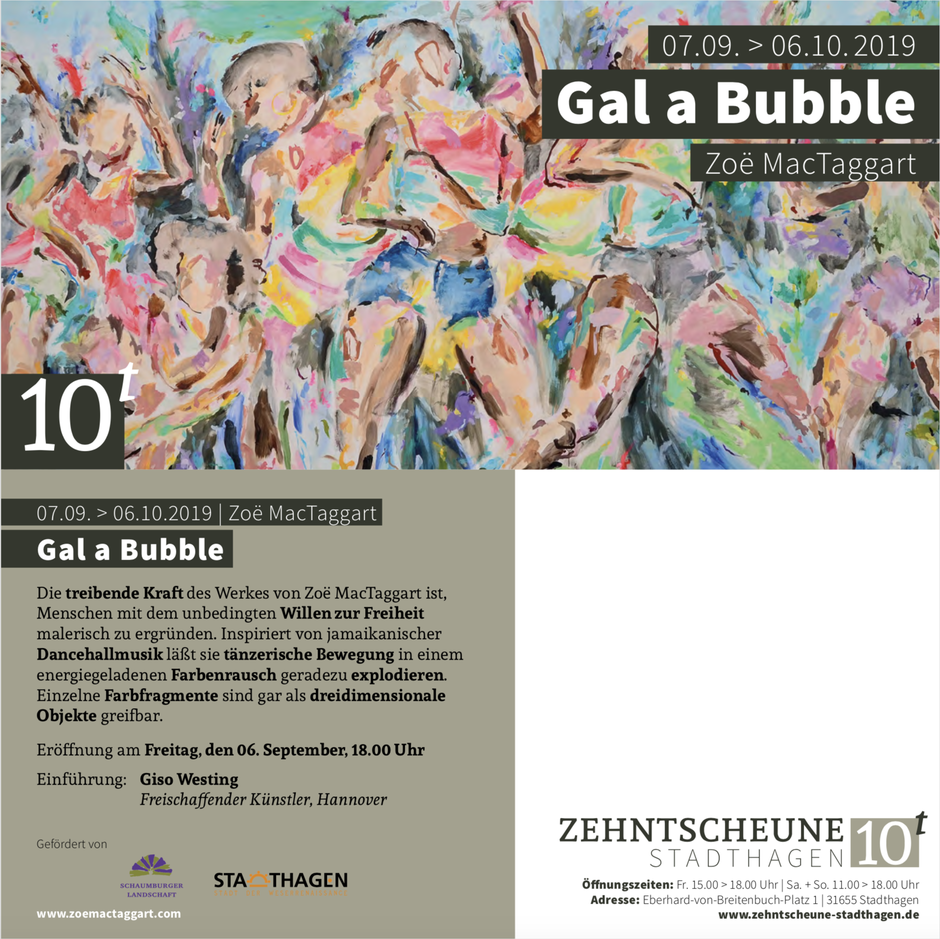 Ausstellungseinladung mit einem Gemälde auf der Vorderseite und Text auf der Rückseite