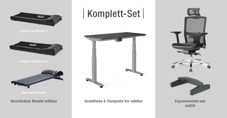 Komplett-Set bestehend aus LAUFBAND +  HÖHENVERSTELLBAREN SCHREIBTISCH  +  ERGONOMISCHEN SCHREIBTISCHSTUHL + QuitSit (SCHREIBTISCHSTUHL-ADAPTER)