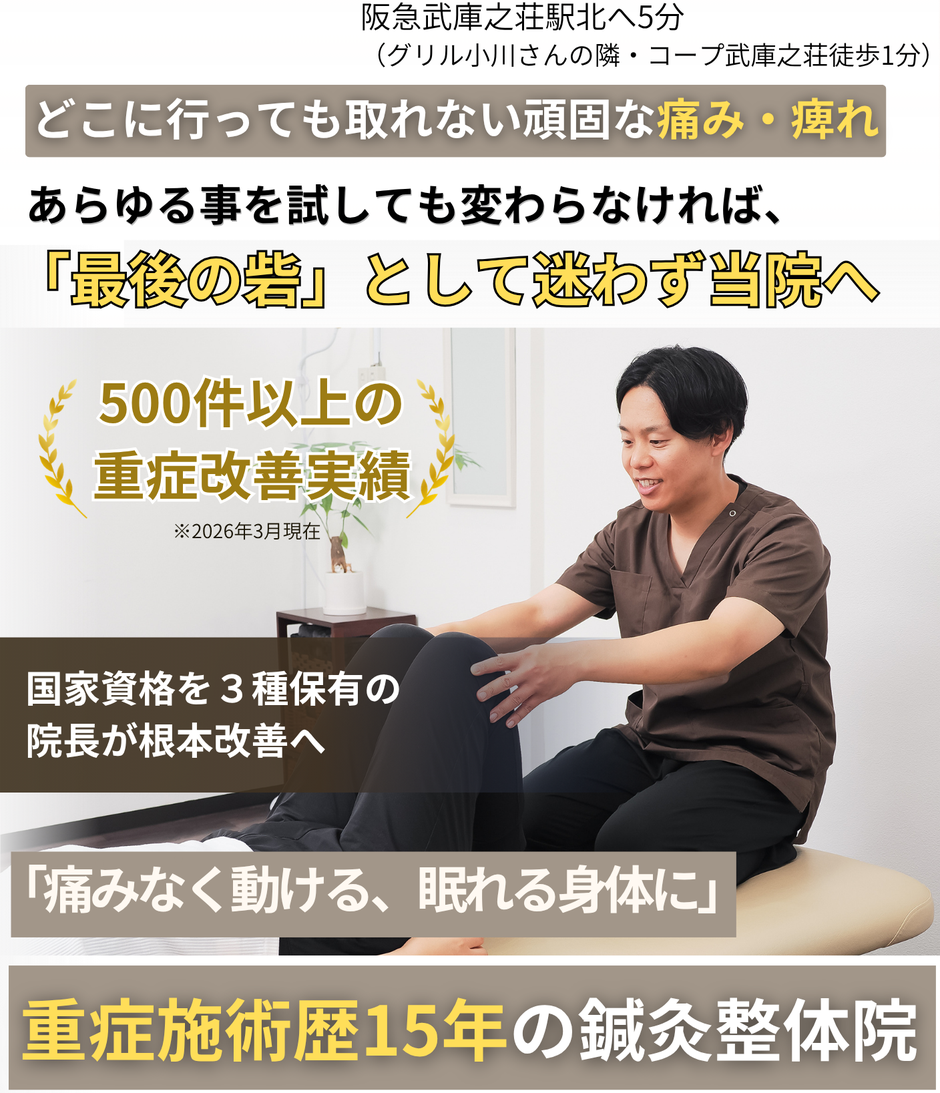 病院では手術を勧められている、マッサージも注射も薬も効かないとお困りのあなたへ。腰痛、ヘルニア、坐骨神経痛、重度の慢性痛、脊柱管狭窄症。変形性膝関節症、膝痛、五十肩、鍼灸治療は試されましたか。土日営業、、武庫之荘駅徒歩5分。