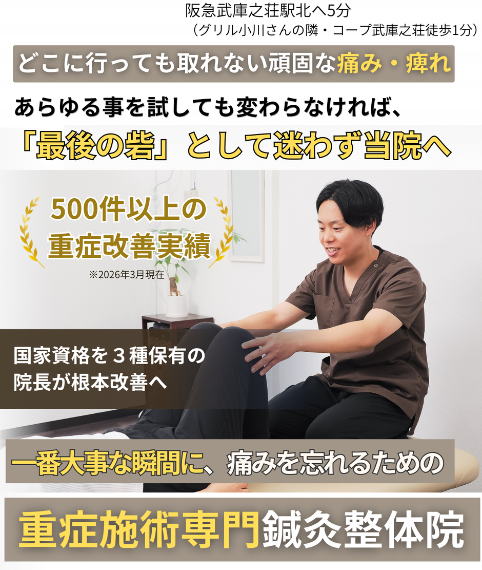 病院では手術を勧められている、マッサージも注射も薬も効かないとお困りのあなたへ。腰痛、ヘルニア、坐骨神経痛、重度の慢性痛、脊柱管狭窄症。変形性膝関節症、膝痛、五十肩、鍼灸治療は試されましたか。土日営業、、武庫之荘駅徒歩5分。