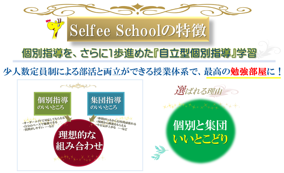 SelfeeSchoolの特徴ー個別指導を、さらに一歩進めた「自立型個別指導」学習。少人数定員制による部活と両立できる授業体系で、最高の勉強部屋に！