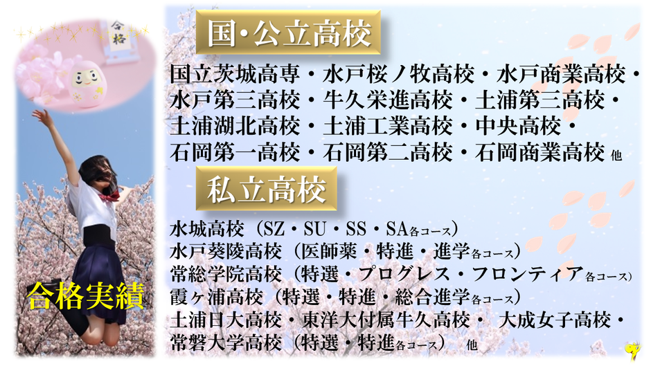 合格実績－水戸桜ノ牧・水戸商業・水戸三高・牛久栄進・藤代・土浦三高・土浦湖北・土浦工業・中央・石岡一高・石岡二高・石岡商業・水城・水戸葵陵・常総学院・霞ヶ浦高校・土浦日大・大成女子・常磐大学高校　他