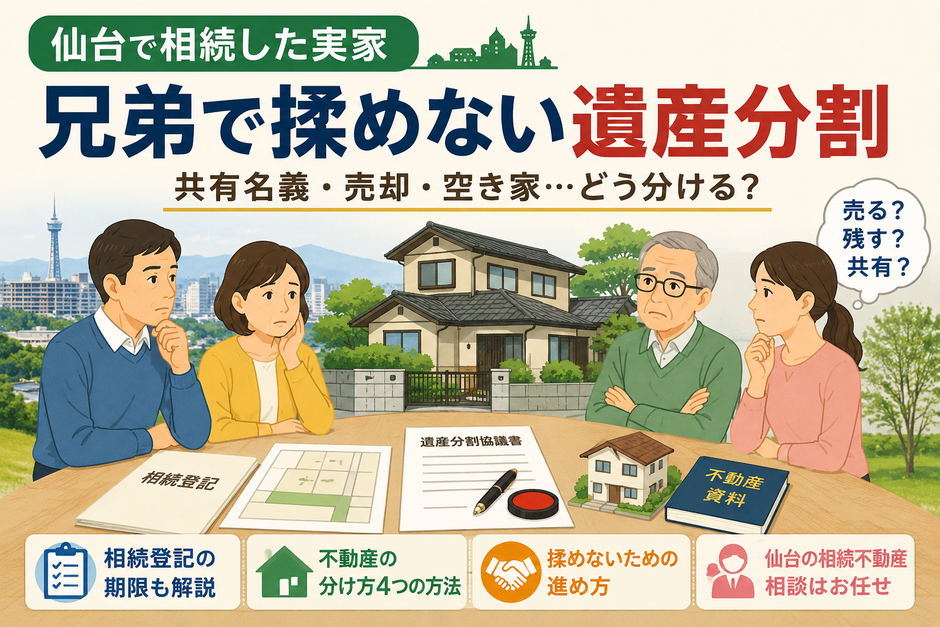 仙台で相続した実家の遺産分割について、兄弟で共有名義・売却・空き家対応を検討している不動産相談のイメージ