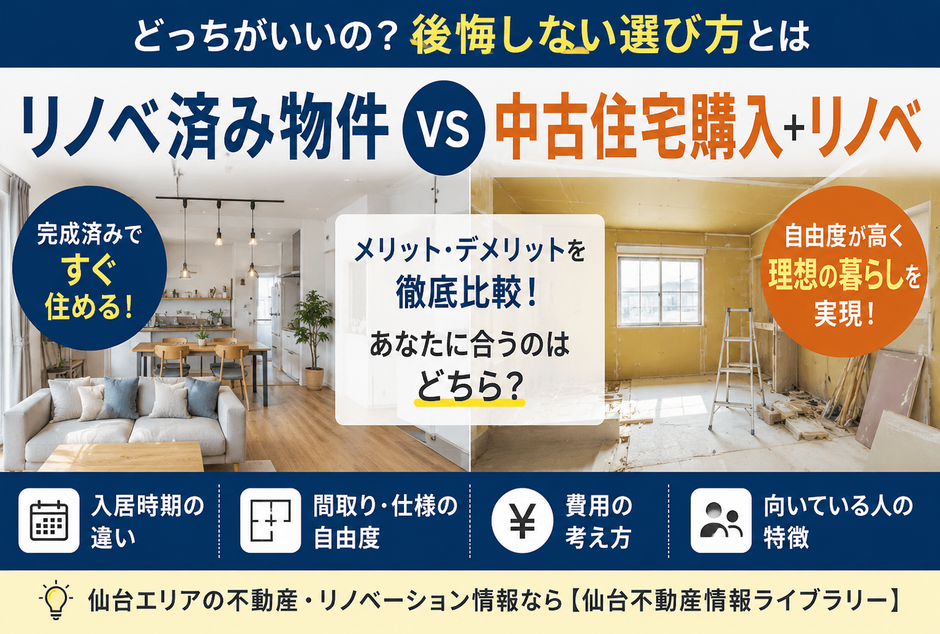リノベ済み物件と中古住宅購入+リノベを比較したサムネイル画像。左に完成済みの明るい室内、右に工事中の室内を配置し、入居時期、間取りや仕様の自由度、費用、向いている人の違いを示している。