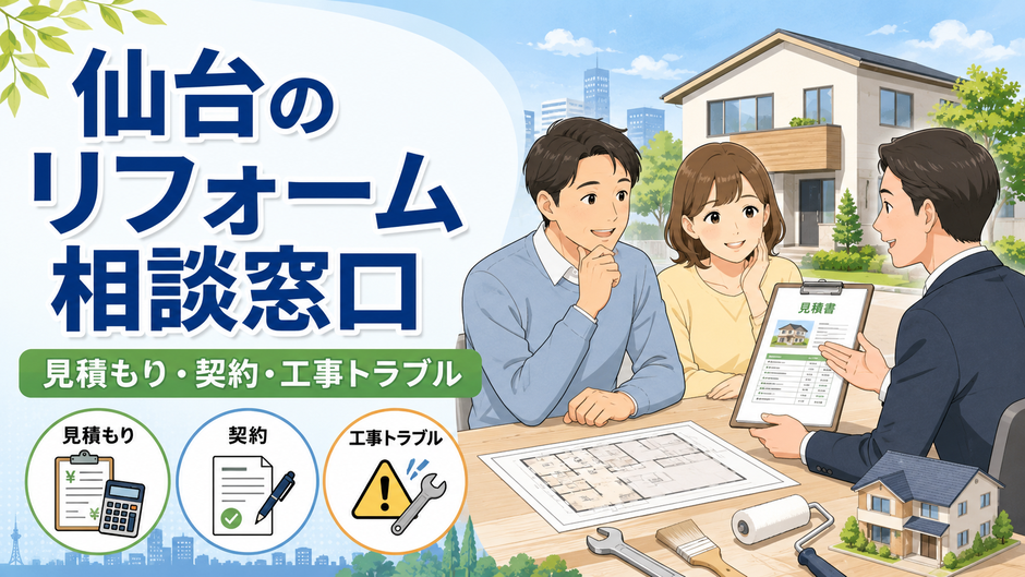 仙台の住宅を背景に、リフォームの見積書や図面を見ながら専門家へ相談する夫婦。「仙台のリフォーム相談窓口」と表示されている。