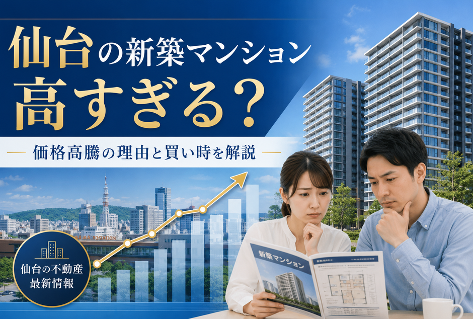 仙台の新築マンション価格高騰を背景に、マンション購入を検討する夫婦と上昇グラフを描いたサムネイル画像
