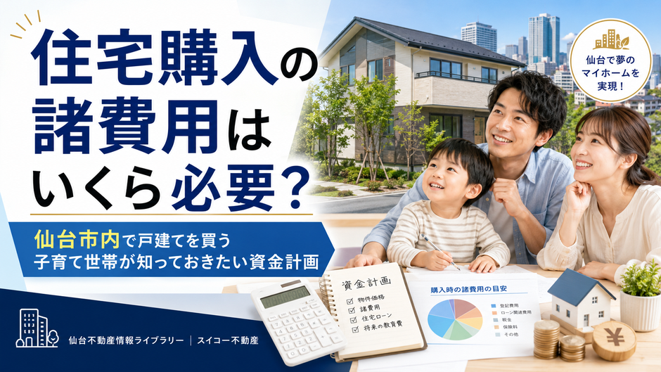 仙台市内で戸建住宅の購入を検討する子育て世帯が、諸費用や住宅ローン、教育費を含めた資金計画を確認しているイメージ画像。