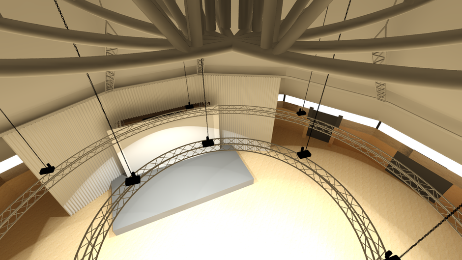 Europa-Park Dome - 3D Modell mit Blick vom Catwalk und weißem Vorhang, modelliert mit AutoSTAGE