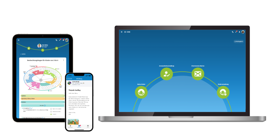 Darstellung KEA-App auf einem Tablet und einem Computer, sowie Darstellung der KEA Eltern-App auf einem Mobiltelefon.