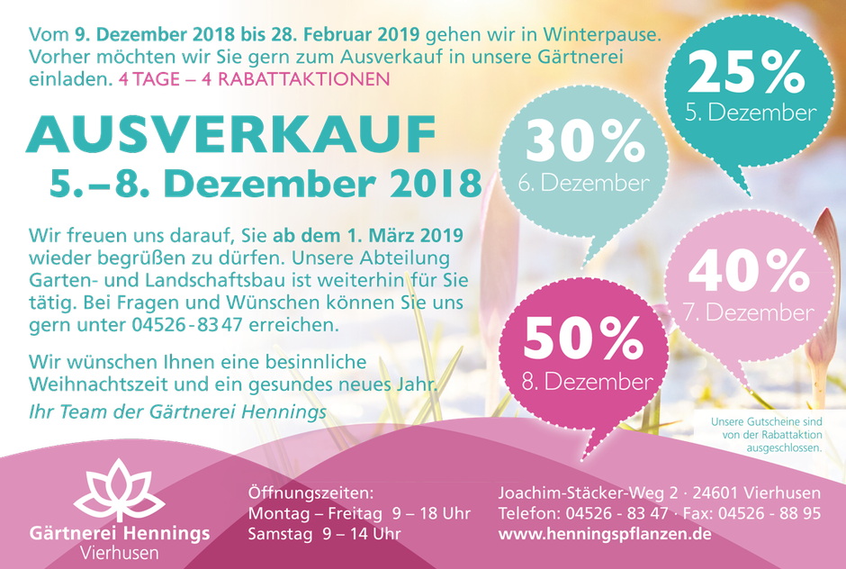 Hennings Winterpause 9. Dezember bis 28. Februar 2019