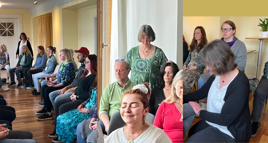 Heilsession mit Ina Paulus, Handauflegen bei vielen Teilnehmern.