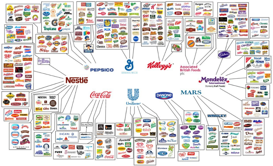 This figure shows the ten multinational conglomerates that control almost all of the food and beverage brands we all recognise. 