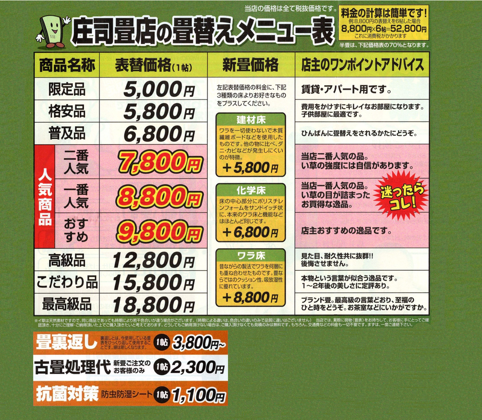 畳の価格表 たたみ庄司畳店 畳の価格表 たたみ庄司畳店