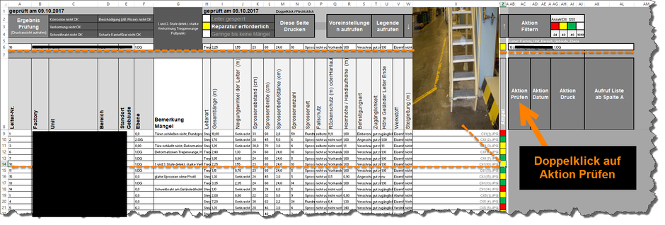 Starten der Aktion Prüfen: Der Prüfbericht zur  Leiter (siehe Bild) wird per Doppelklick oder Rechtsklick im Feld Aktion Prüfen aufgerufen