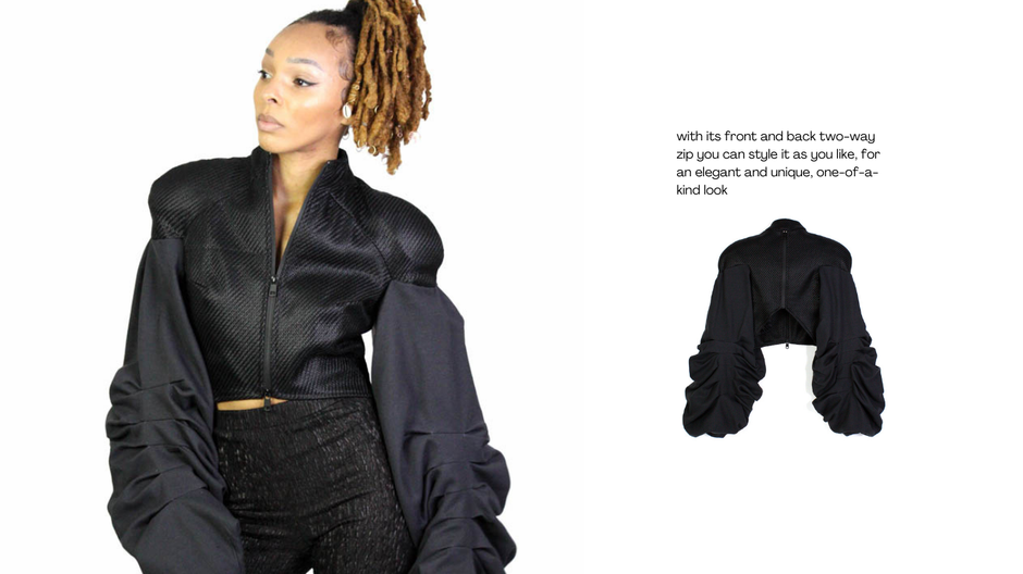 model with cropped spencer jacket and back side of the jacket